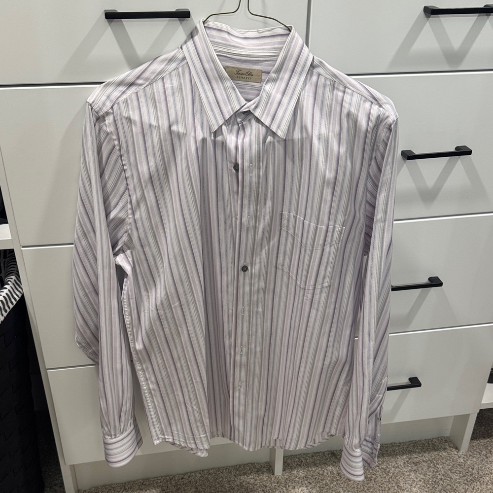 Tasso Elba Men's Dress Shirt - Purple and White Stripes